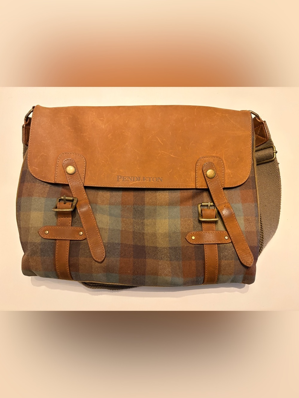 Pendleton Tan Leather-Trim Plaid Messenger Bag